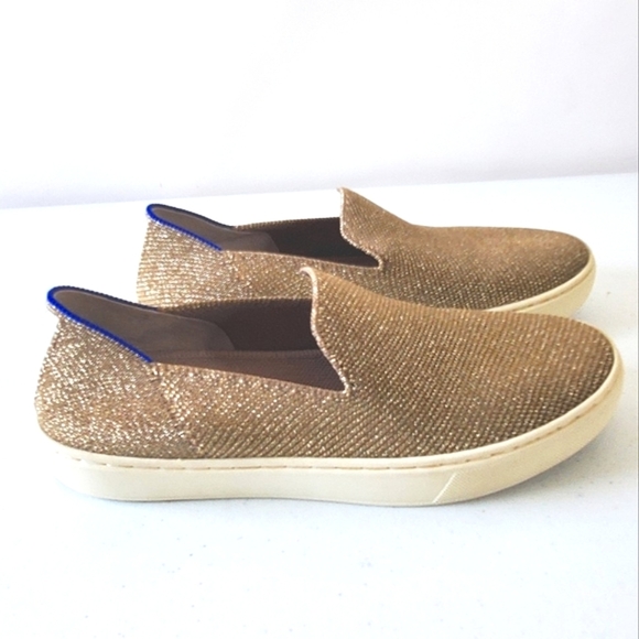 Rothy's The Original Slip-On Sneaker Gold Twill Size 7 Heel Stripe Coastal Shoes - Picture 1 of 11